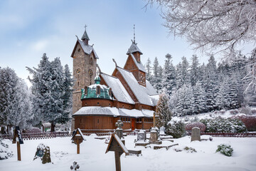 Wang Church in Karkonosze, winter scenery, Poland