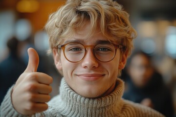 A person wearing glasses and giving a positive gesture