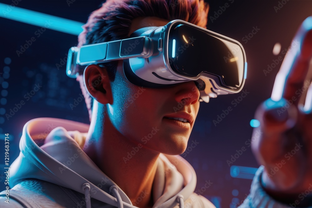 Poster a young man immersed in a virtual reality experience, interacting with a digital environment.