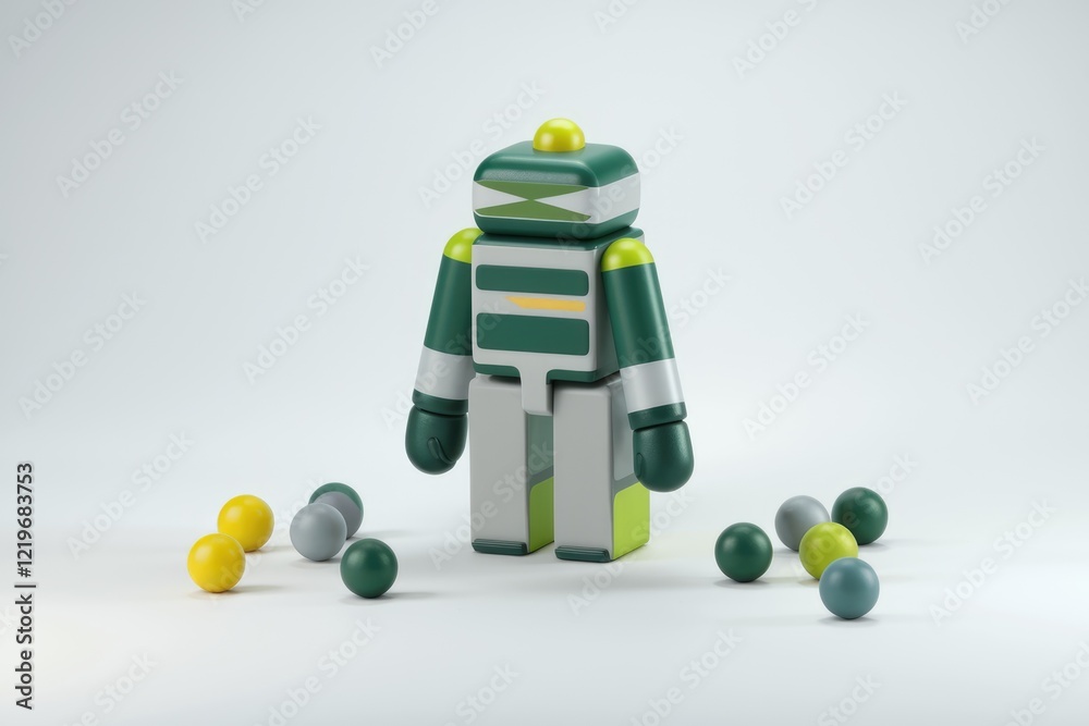 Poster a green and grey robot toy stands amidst a scattering of colorful balls on a white background.