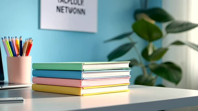 A stack of vibrant notebooks on a white desk surrounded by pens, a laptop, and a motivational quote on the wall in the background.