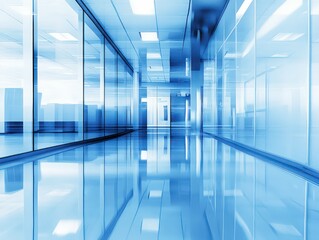 futuristic blue toned corridor with glass walls and reflections modern architecture bright lighting clean minimal design sleek professional atmosphere