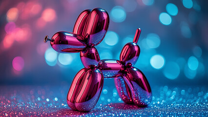 Classic balloon dog. Bubble animal in iridescent pink colour on shimmering blue background. 3d element for banner with copy space. Hologram Foil Aesthetic.