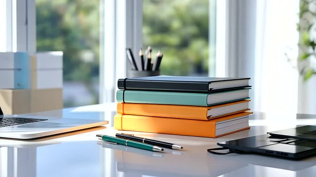 Bright and bold notebooks stacked on a white desk, paired with pens and a laptop, with natural light streaming through the window.