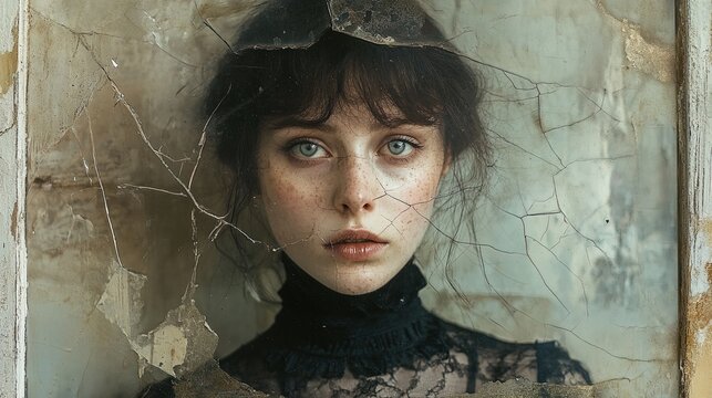 Eerie portrait of a Victorian woman with a hollow gaze, slightly faded and cracked, haunted look 