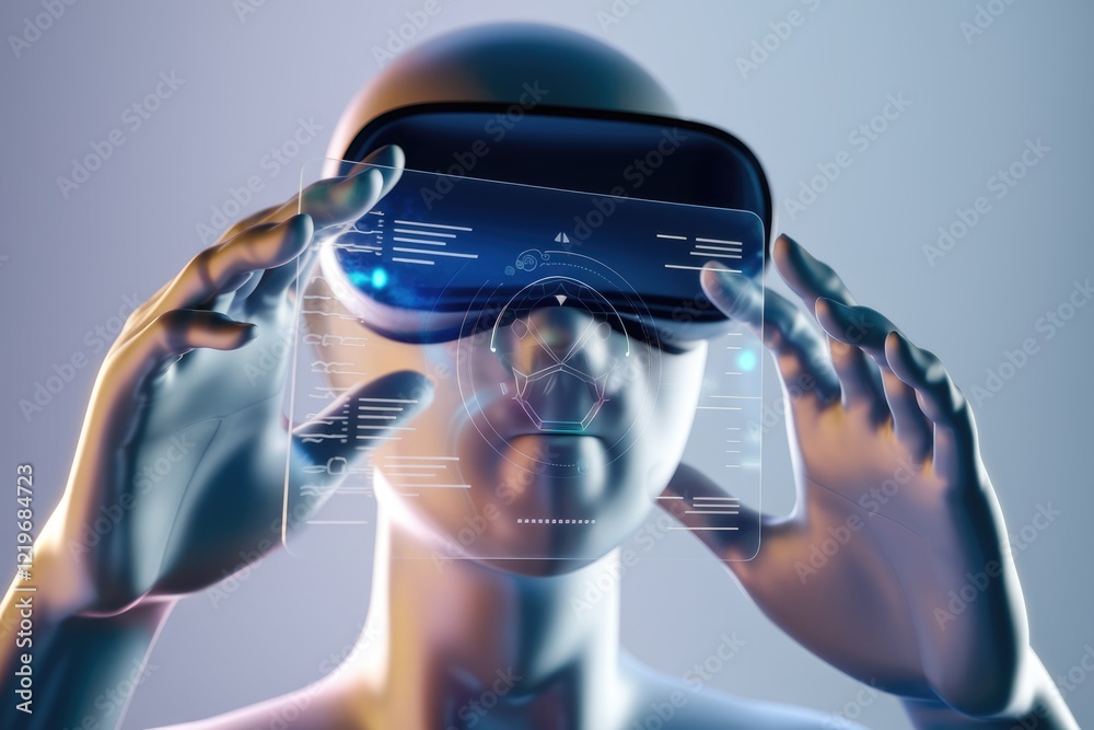 Poster a humanoid robot interacts with a transparent holographic display via a vr headset, showcasing futur