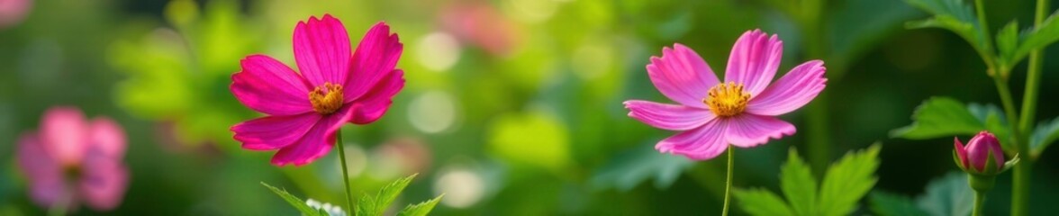 Obraz premium Colorful rose cosmos blooms on bright green leaves, garden, flowers