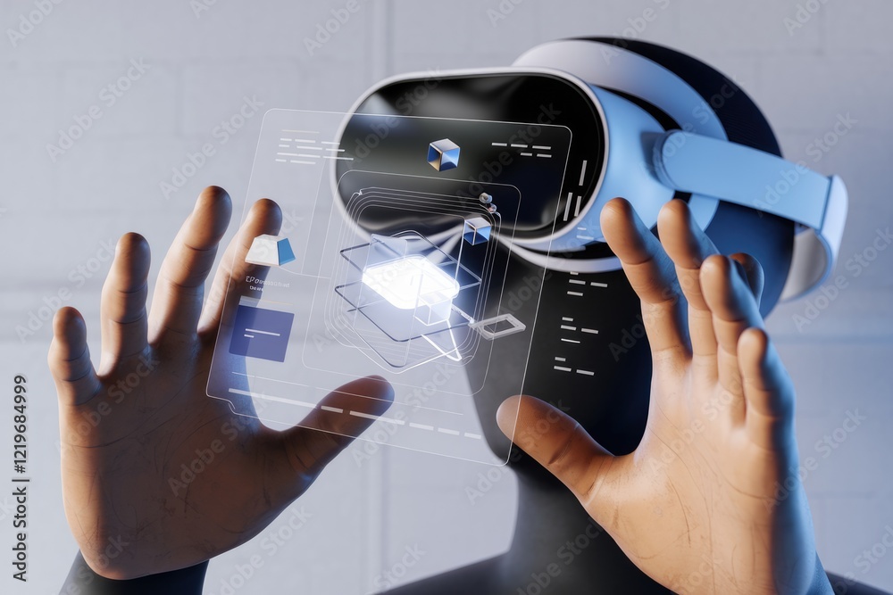 Poster person wearing vr headset interacts with a transparent holographic interface displaying 3d models an