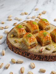 Turkish-style pistachio baklava with a glass of milk.