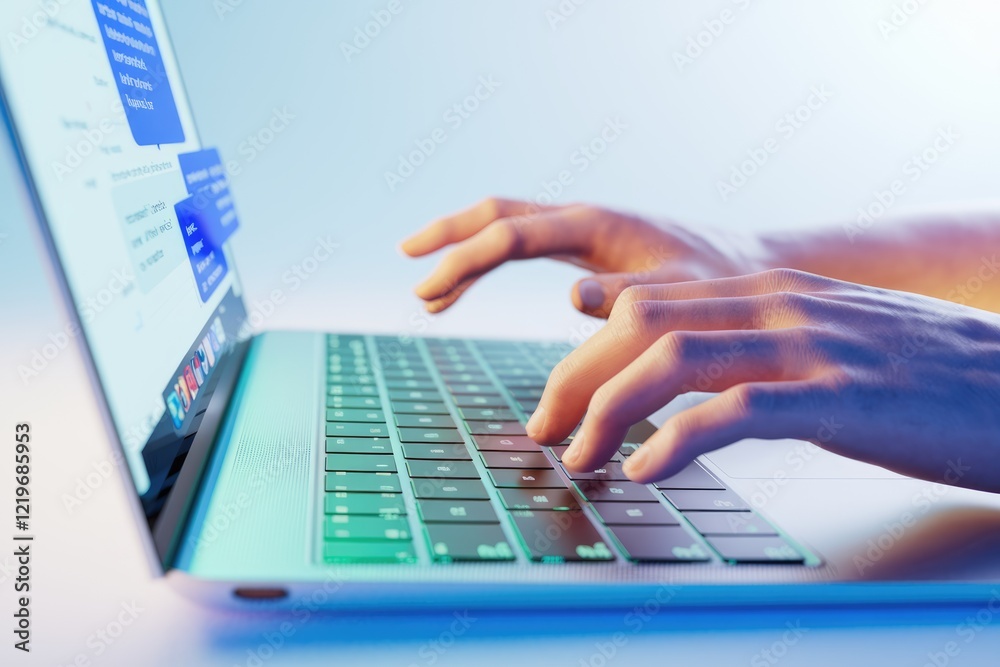 Poster Hands typing on a laptop keyboard, actively engaging in online communication through a chat interface.