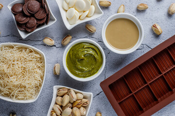 Trendy dubai chocolate ingredients for making dubai chocolate.