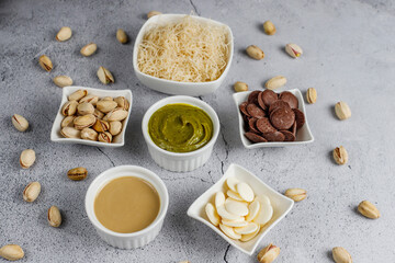 Trendy dubai chocolate ingredients for making dubai chocolate.
