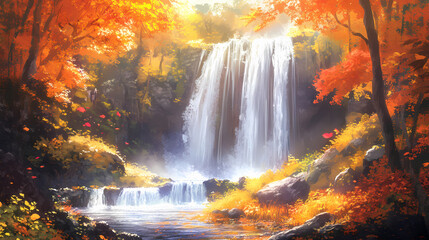 Obraz premium A beautiful waterfall cascades through a forest with vibrant autumn colors. Waterfall Cascade. Illustration