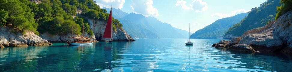 Colorful sailboat anchored in a secluded cove within the bay, boats, nature, anchor