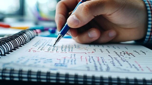 A sharp close-up of a hand diagramming concepts in a spiral notebook, with colorful markers and reference guides in the background, emphasizing creativity in exam preparation.