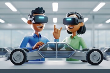 Two cartoon characters wearing VR headsets design a futuristic car model using virtual reality technology.