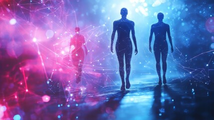 Silhouettes walking in digital space