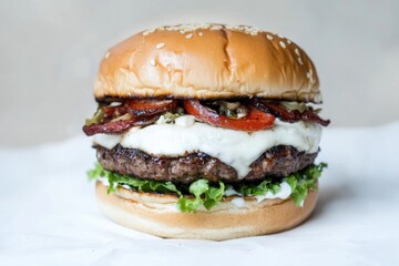 A delicious hamburger served with crispy bacon, fresh lettuce, and melted cheese
