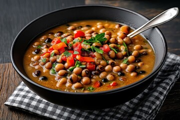 Closeup view of savory vegan Hoppin John stew in bowl. Black-eyed peas, vegetables cooked, served in dark bowl on wooden table. Hearty, healthy plant-based meal. Delicious vegan stew with nutritious