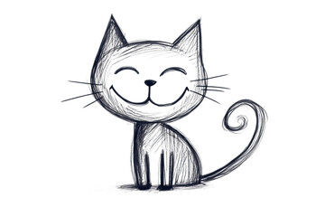 Obraz premium A simple childs drawing of a cat with whiskers, a long tail, and a smiling face, isolated on white background