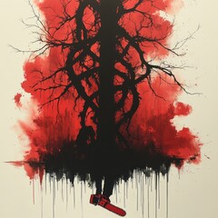 Abstract art; red, black, chainsaw, tree.