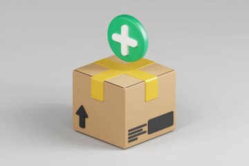 Obraz premium A cardboard box secured with yellow tape and a green plus sign symbolizing addition or new item.