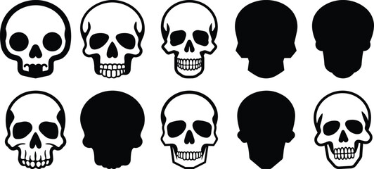 Skull silhouettes set, skeleton pack of vector silhouette design, isolated background