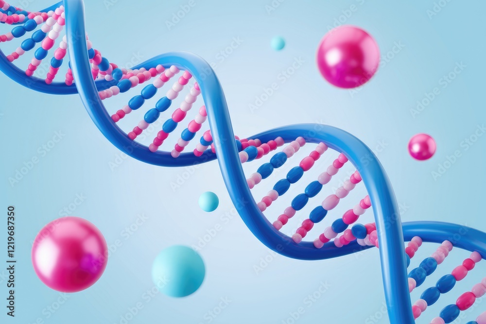 Poster A 3D rendering of a DNA double helix structure with colorful spheres floating around it.