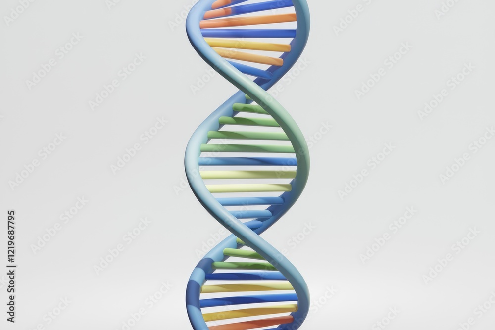 Poster a vibrant 3d model of a dna double helix, showcasing its structure and colorful representation.