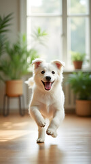 Fototapeta premium A happy white dog runs happily around a bright and airy room filled with plants and natural light, adding coziness and warmth to the calm atmosphere.