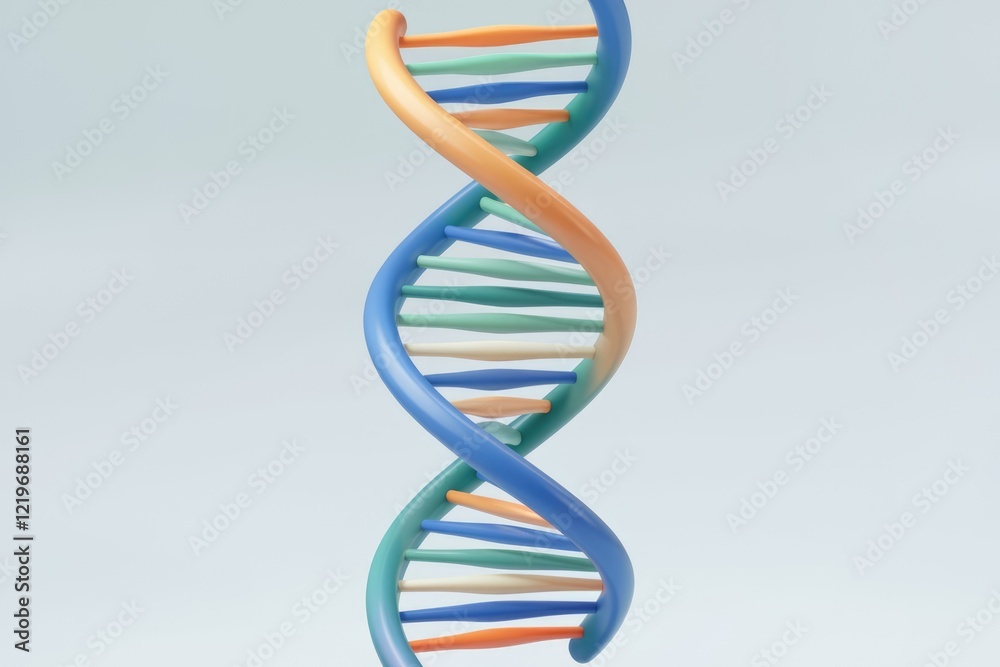 Poster a stylized 3d model of a dna double helix, vibrant and colorful, representing genetic code.