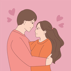  A sweet romantic couple hugging and smiling with hearts floating around them. Perfect for Valentine’s Day and romantic themes