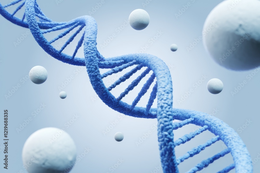 Poster a 3d model of a dna double helix, surrounded by white spheres, representing genetic code and cellula