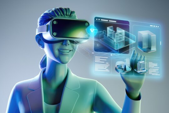 Woman uses VR headset to visualize and interact with 3D building models and data.
