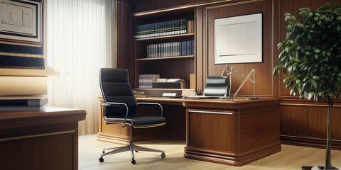 classic executive office with wooden desk, green leather chair, documents, vintage lamp, professional workspace, sophisticated and elegant business environment.