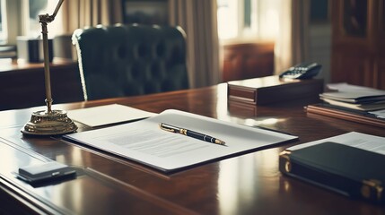 classic executive office with wooden desk, green leather chair, documents, vintage lamp, professional workspace, sophisticated and elegant business environment.