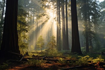 Obraz premium Sunbeams filter through towering trees in a serene forest landscape. Generative AI