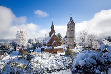 Wang Church in Karkonosze, winter scenery, Poland