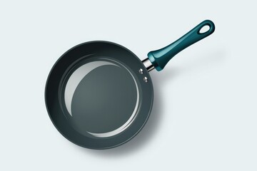 A dark-grey frying pan with a teal handle sits on a white background.