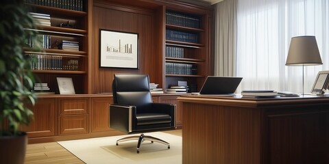 luxurious executive office with wooden desk, leather chair, built-in bookshelves, classic decor, professional workspace, warm lighting, elegant corporate environment.