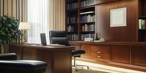 luxurious executive office with wooden desk, leather chair, built-in bookshelves, classic decor, professional workspace, warm lighting, elegant corporate environment.