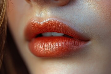 Fototapeta premium A close-up shot of a woman's lips with bright red lipstick, ideal for use in beauty or fashion context