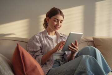 Naklejka premium Young woman relaxes on a couch, using a tablet, enjoying the sunlight.