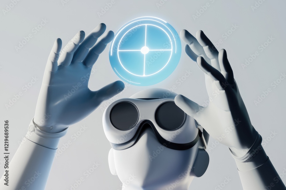 Poster a robotic figure wearing goggles interacts with a futuristic, glowing holographic interface.