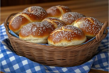 freshly baked sweet buns with sugar topping in a wicker basket, rustic wooden background, homemade bakery, cozy and delicious treat.