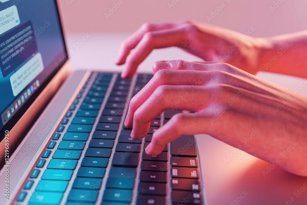 Poster hands typing on a laptop keyboard, engaging in online communication or work.