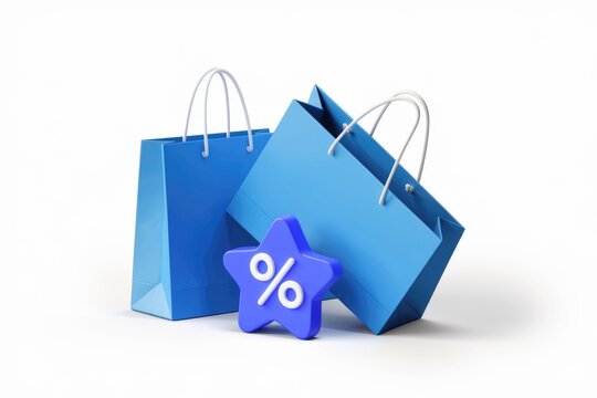 Two blue shopping bags with a star-shaped percentage symbol, representing discounts and sales.