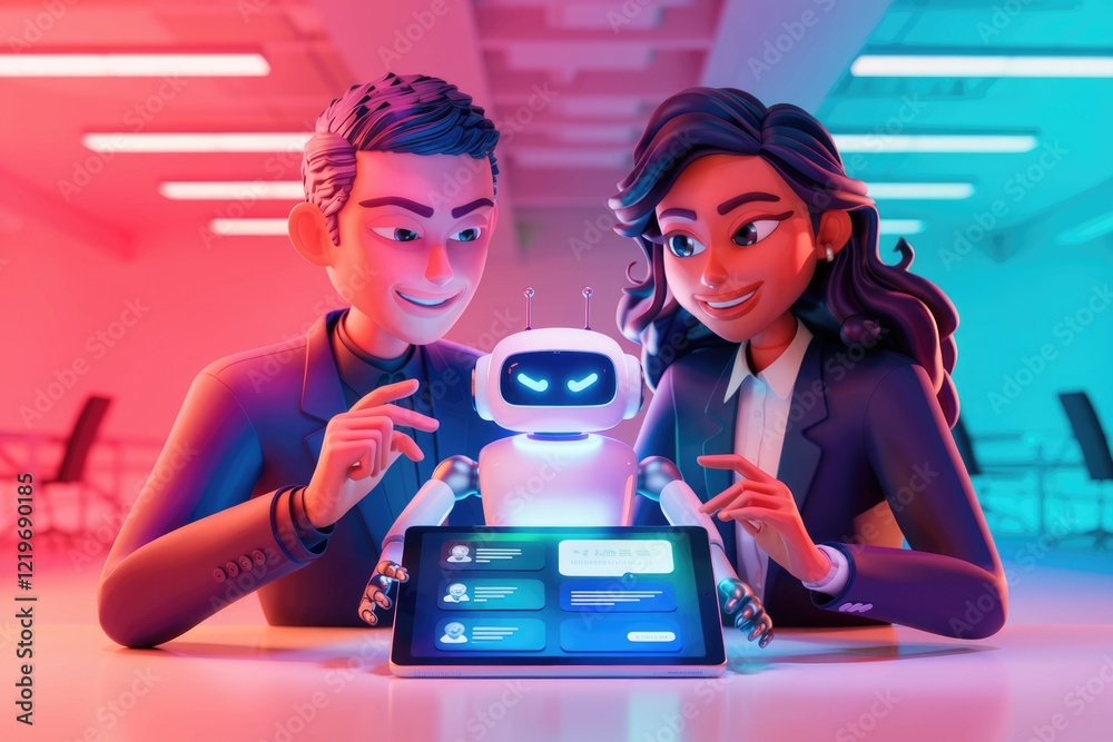 Aufkleber Two businesspeople collaborate with a robot using a tablet displaying a user interface.