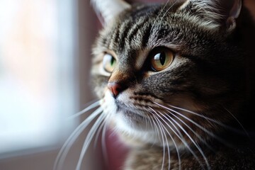 A close-up of a curious cat gazing out a window, possibly waiting for something or someone