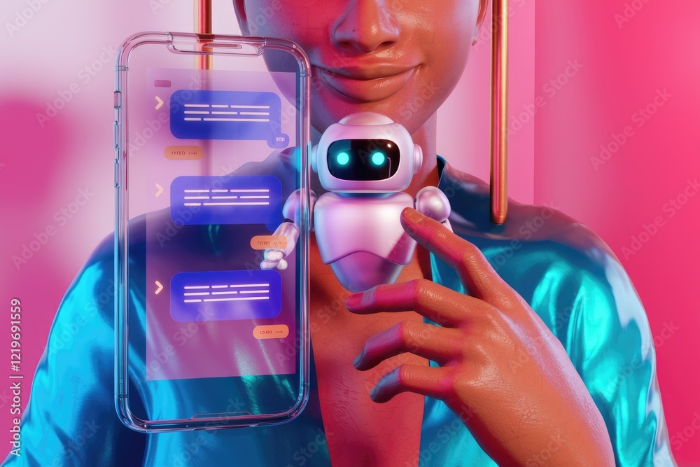 Poster person interacting with ai chatbot on a smartphone, showcasing futuristic communication.